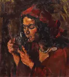 Chivuță cu pipă by Octav Băncilă, ulei pe pânză, sold Dec 2021