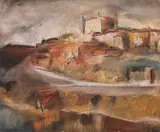 Corneliu Baba, Peisaj din Toledo, 1974, guașă, pastel și cărbune pe hârtie lipită pe carton