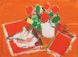 Natură statică cu flori, scoică și cărți by Vasile Grigore, 1989, ulei pe carton, sold Dec 2021