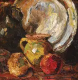 Ceramică populară şi fructe by Rudolf Schweitzer–Cumpăna, ulei pe carton, sold Dec 2021