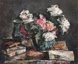 Natură statică cu trandafiri și cărți by Gheorghe Petrașcu, 1928, ulei pe pânză, sold Dec 2021