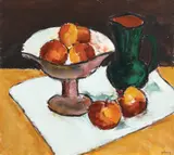 Natură statică cu mere și carafă by Ion Pacea, ulei pe carton, sold Dec 2021