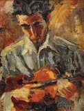 Ciupitul strunei by Rudolf Schweitzer–Cumpăna, ulei pe carton, sold Dec 2021