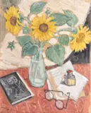 Natură statică cu floarea-soarelui și ochelari by Theodor Pallady, ulei pe carton, sold Dec 2021