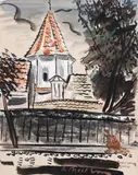Alexandru Phoebus, Biserică din Făgăraș, guașă și acuarelă pe hârtie lipită pe carton