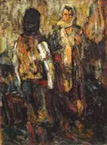 Femei la sfat by Rudolf Schweitzer–Cumpăna, ulei pe carton, offered Dec 2021