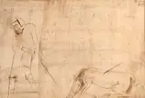 Jertfă by Sorin Ilfoveanu, 1987, laviu pe hârtie lipită pe carton, sold Nov 2021