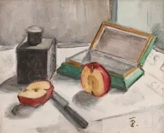 Theodor Pallady, Natură statică cu măr, cuțit și călimară, 1935-1937, ulei pe pânză lipită pe carton