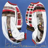 Cela Neamţu, Taifas (din ciclul "Petice de frumos"), 2021, colaj textil și pastel alb pe carton