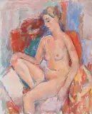Nud pe fotoliu by Ion Musceleanu, 1986, ulei pe pânză lipită pe carton, sold Nov 2021