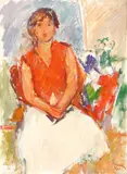 Model cu bluză roșie by Ion Musceleanu, 1989, ulei pe pânză lipită pe carton, offered Nov 2021
