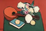 Trandafiri și mandolină by Ion Pacea, ulei pe carton, sold Nov 2021