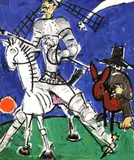 Don Quijote și Sancho Panza by Constantin Piliuță, ulei pe pânză lipită pe carton, sold Nov 2021