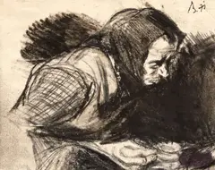 Studiu pentru "Odihnă la câmp" by Corneliu Baba, 1971, cărbune pe hârtie lipită pe carton, sold Nov 2021