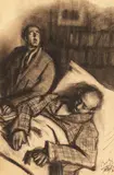 Corneliu Baba, Veghe, 1952, cărbune pe hârtie lipită pe carton
