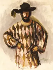Cornel Antonescu, Bufonul (Autoportret în costum de arlechin), 1982, pastel pe hârtie