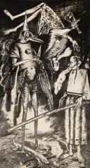 Ștefan Câlția, Călători (proiect pentru romanul "Tache de catifea" de Ștefan Agopian), 1988, tuș pe hârtie