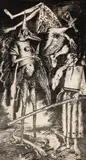 Ștefan Câlția, Călători (proiect pentru romanul "Tache de catifea" de Ștefan Agopian), 1988, tuș pe hârtie