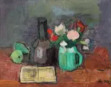 Natură statică cu flori și carte by Alexandru Ciucurencu, 1949, ulei pe pânză lipită pe carton, sold Oct 2021