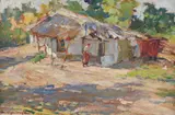 Bordeie în Dobrogea by Rudolf Schweitzer–Cumpăna, 1927, ulei pe carton, sold Oct 2021