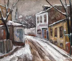 Marius Bunescu, Iarnă în București (strada Cazărmii), 1929, ulei pe carton