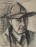 Gheorghe Petrașcu, Autoportret, sfârșitul anilor '30, tuș, laviu și accente de pastel pe hârtie