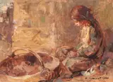 Fetița florăresei by Nicolae Vermont, 1909, ulei pe carton, sold Oct 2021