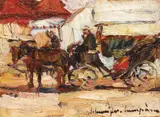 Trăsură în București by Rudolf Schweitzer–Cumpăna, ulei pe carton, sold Oct 2021