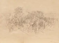 Ghiocel/Studiu pentru Nuntă Țărănească by Nicolae Grigorescu, 1890-1895, creion pe hârtie, sold Oct 2021
