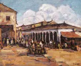Nicolae Dărăscu, Piață din Tulcea, la amiază, cca. 1918, ulei pe carton
