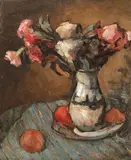 Natură statică cu mere și vas cu garoafe by Gheorghe Petrașcu, ulei pe carton, sold Oct 2021