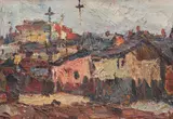 Margine de București by Rudolf Schweitzer–Cumpăna, ulei pe carton, sold Oct 2021