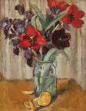 Natură statică cu lalele și lâmăi by Theodor Pallady, ulei pe carton lipit pe pânză, sold Oct 2021
