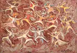 Călușari by Magdalena Rădulescu, 1974, ulei pe pânză, sold Oct 2021