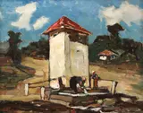 Cișmea la Nicorești by Gheorghe Petrașcu, ulei pe carton, offered Oct 2021