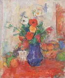 Vas cu flori by Ion Musceleanu, 1985, ulei pe pânză lipită pe carton, sold Oct 2021