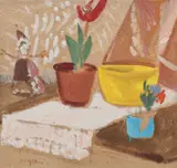 Natură statică cu flori și păpușă by Ion Popescu Negreni, ulei pe carton, sold Oct 2021