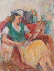 Ion Musceleanu, Lectură, 1985, ulei pe pânză lipită pe carton