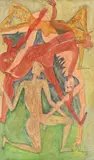 Petrecere by Georgeta (Gigi) Florica Arămescu, 1982, tuș, tempera și creioane colorate pe hârtie, sold Oct 2021