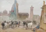 Boris Alexandrovich Brinskih, Cartier din Buhara, 1966, ulei și cărbune pe carton