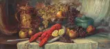 Petre Bărcănescu, Natură statică cu fructe și homar, ulei pe carton