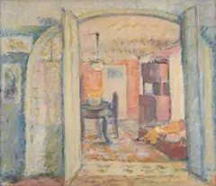 Femeie în interior by Benedictina Papadopol, ulei pe carton, sold Sep 2021
