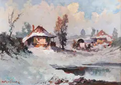 Nicolae Perțache, Peisaj de iarnă, ulei pe carton