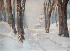 Peisaj de iarnă by George Catargi, ulei pe carton, sold Sep 2021