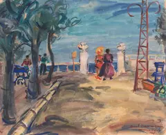 Aurel Diaconescu, Faleză la Eforie (Carmen Sylva), 1946, guașă pe hârtie lipită pe carton