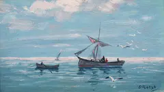 Plecarea la pescuit by Dimitrie Florian, ulei pe carton, sold Sep 2021
