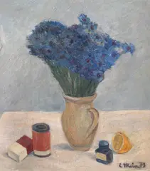 Constantin Mitroescu, Natura statică cu flori, călimară și lămâie, 1973, ulei pe carton