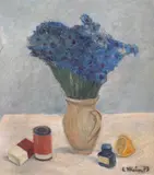 Constantin Mitroescu, Natura statică cu flori, călimară și lămâie, 1973, ulei pe carton