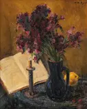 Natură statică cu sfeșnic și ulcior cu tufănele by Leon Biju, ulei pe carton, sold Sep 2021