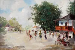 Horă la sat by Constion, ulei pe carton, sold Sep 2021